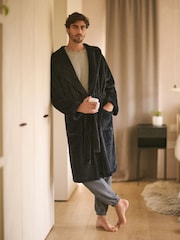 Navy Blue Textured Hooded Fleece Dressing Gown - Image 2 of 8