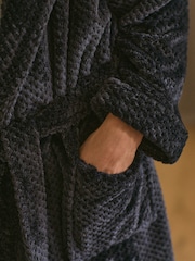 Navy Blue Textured Hooded Fleece Dressing Gown - Image 5 of 8