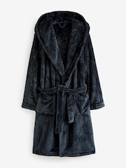 Navy Blue Textured Hooded Fleece Dressing Gown - Image 7 of 8