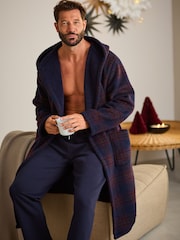 Navy Blue/Orange Check Fleece Borg Lined Dressing Gown Robe - Image 1 of 10