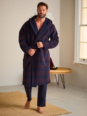 Navy Blue/Orange Check Fleece Borg Lined Dressing Gown Robe - Image 2 of 10