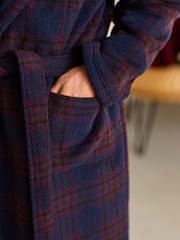 Navy Blue/Orange Check Fleece Borg Lined Dressing Gown Robe - Image 6 of 10