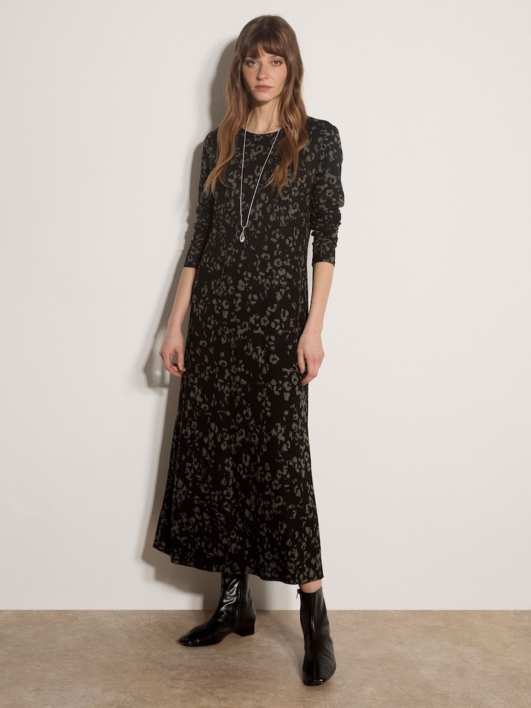 Жасыл - Apricot Jersey Knit Leopard Print Maxi Dress - 4суретінің 1 суреті
