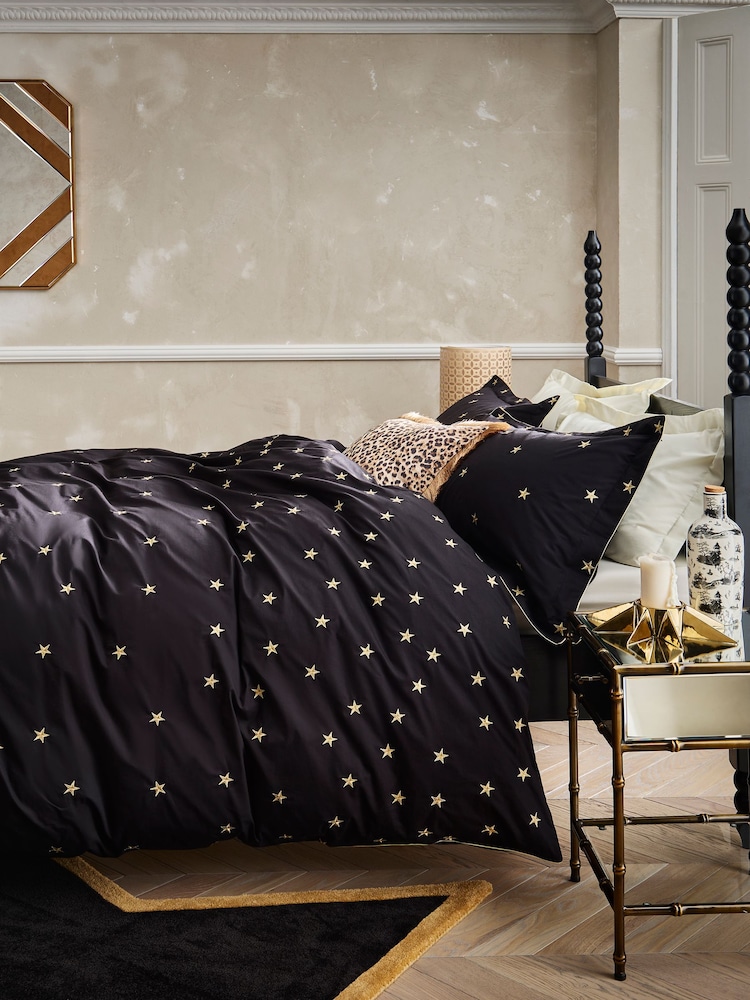 Rockett St George Black Falling Star Embroidered 200 Thread Count Duvet Cover and Pillowcase Set - Image 2 of 6