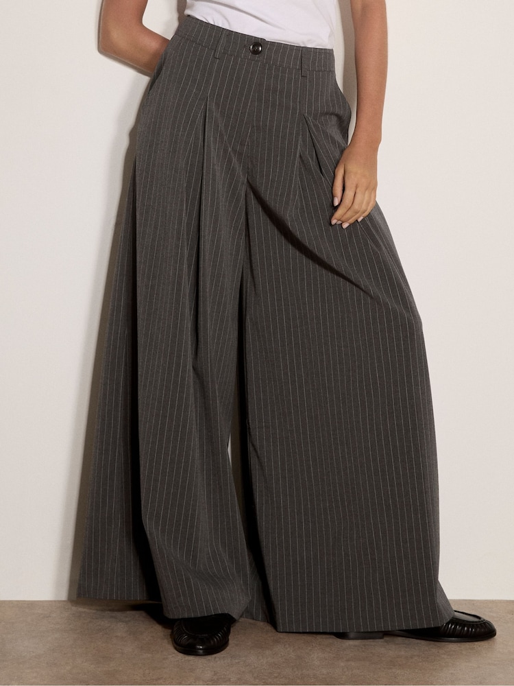 Apricot Grey Wide-Leg Pleat Pinstripe Trousers - Image 1 of 4 Apricot Grey Wide-Leg Pleat Pinstripe Trousers - Image 1 of 4