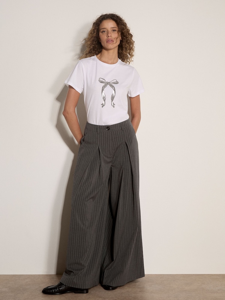 Apricot Grey Wide-Leg Pleat Pinstripe Trousers - Image 4 of 4 Apricot Grey Wide-Leg Pleat Pinstripe Trousers - Image 4 of 4