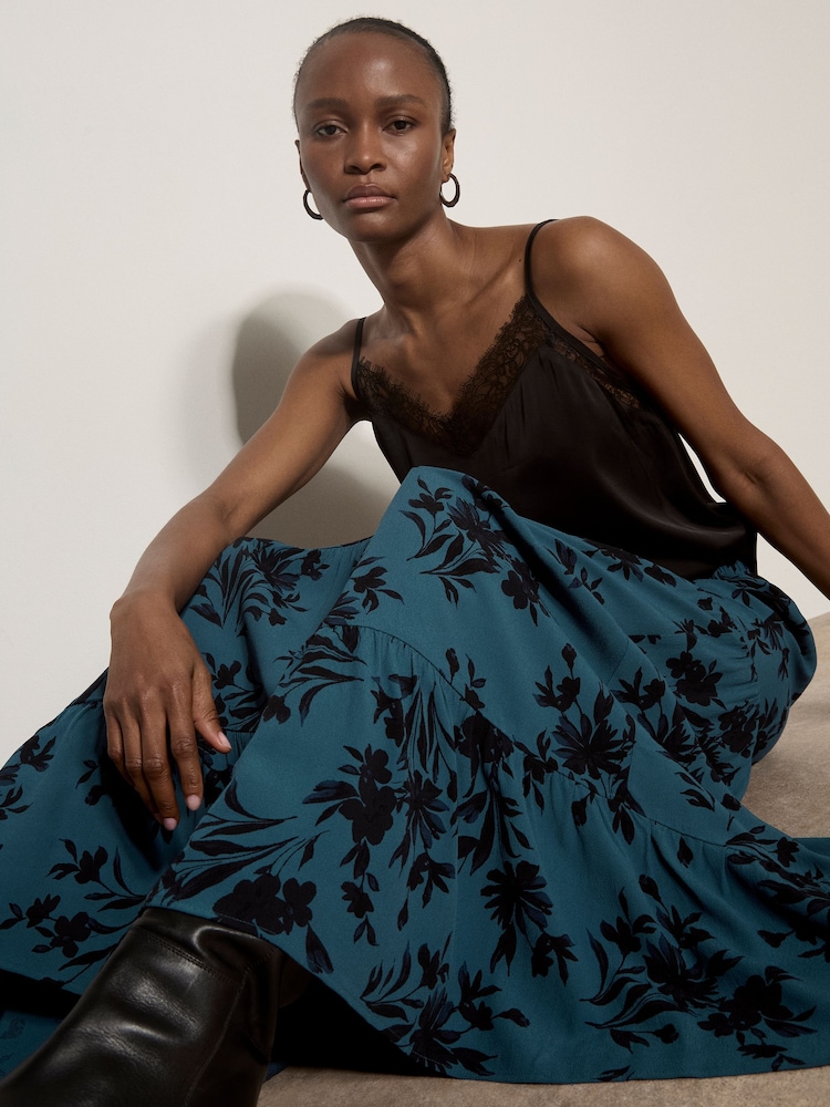 Apricot Blue Floral Silhouette Crepe Midi Skirt - Image 1 of 5 Apricot Blue Floral Silhouette Crepe Midi Skirt - Image 1 of 5