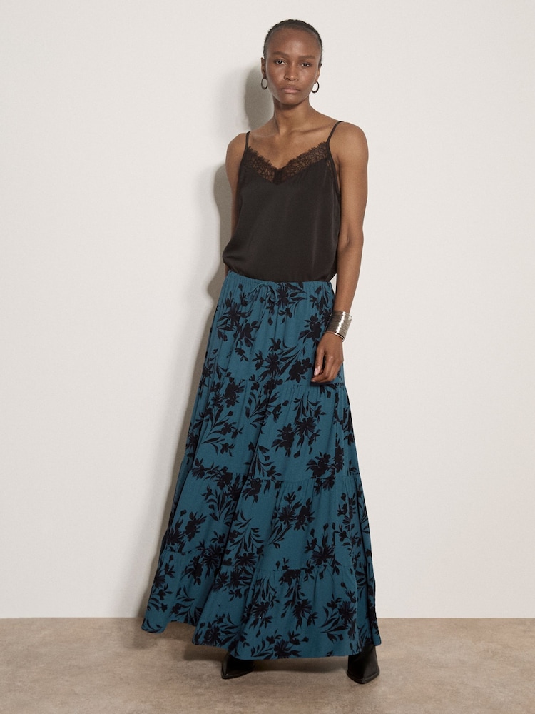 Apricot Blue Floral Silhouette Crepe Midi Skirt - Image 2 of 5 Apricot Blue Floral Silhouette Crepe Midi Skirt - Image 2 of 5