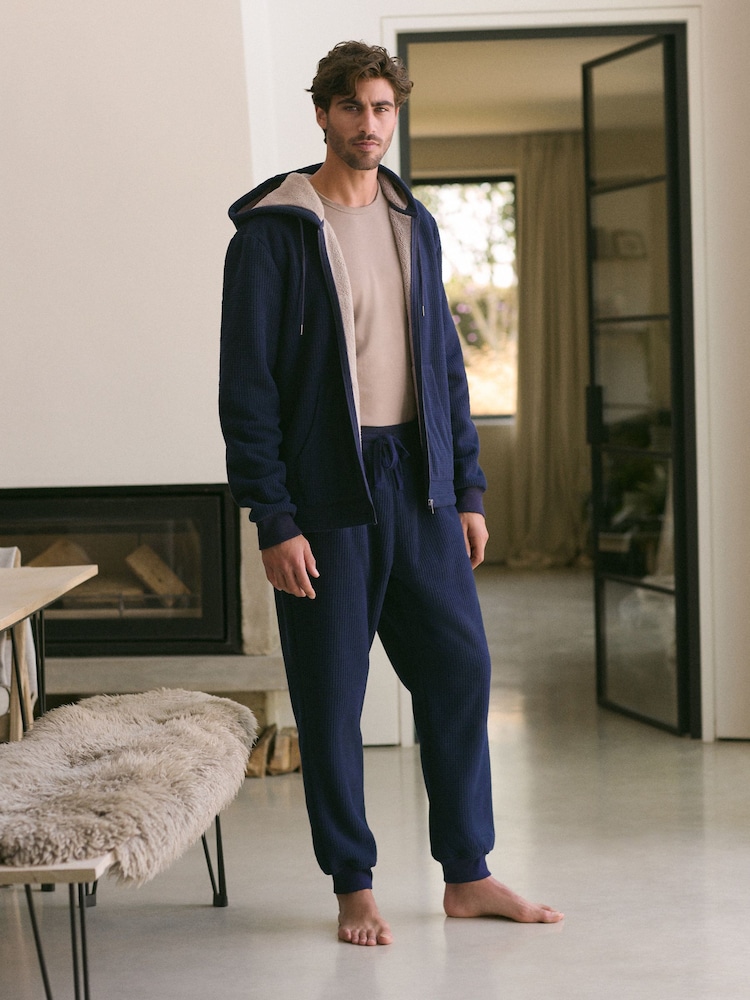 Navy Blue Fleece Borg Lined Textured Joggers - Image 2 of 10
