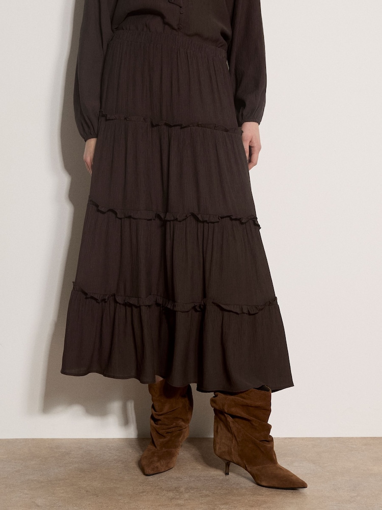 Apricot Brown Ruffle Tiered Maxi Skirt - Image 1 of 5 Apricot Brown Ruffle Tiered Maxi Skirt - Image 1 of 5