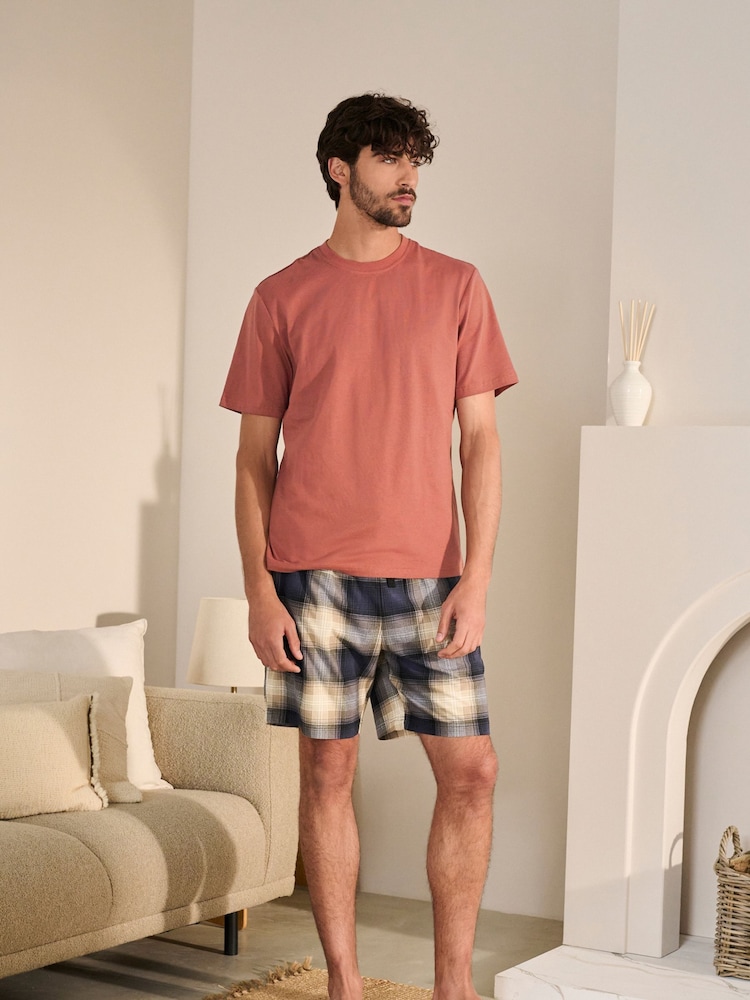 Orange/Stone Check 100% Cotton Motionflex Cosy Short Pyjamas Set - Image 2 of 5