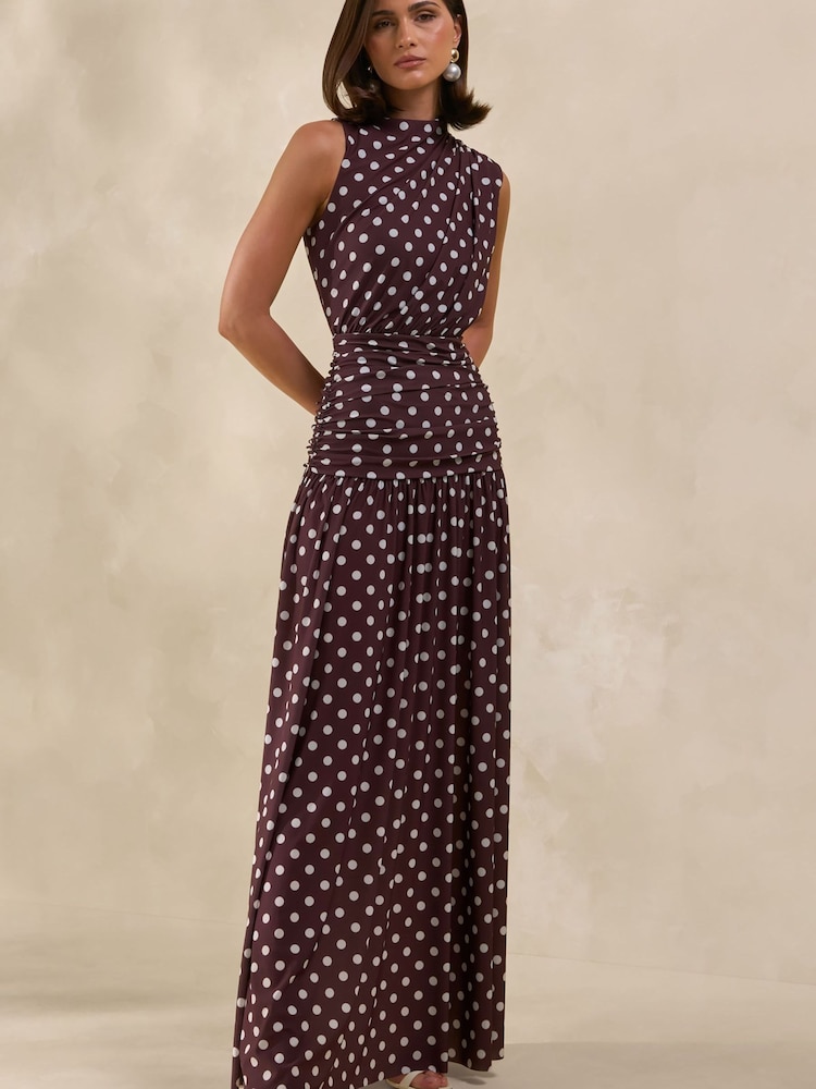 Club L London Brown Kelis Polka-Dot High-Neck Maxi Dress With Draped Detailing - Image 2 of 6 Club L London Brown Kelis Polka-Dot High-Neck Maxi Dress With Draped Detailing - Image 2 of 6