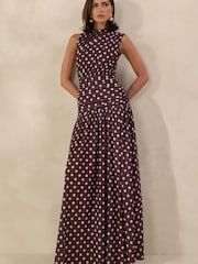 Club L London Brown Kelis Polka-Dot High-Neck Maxi Dress With Draped Detailing - Image 6 of 6