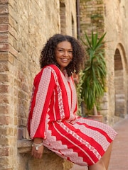 Live Unlimited Curve - Red Batik Stripe Placement Print Dress with Nehru Collar - Image 2 of 7