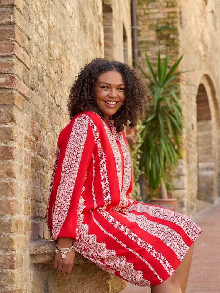 Live Unlimited Curve - Red Batik Stripe Placement Print Dress with Nehru Collar - Image 2 of 7