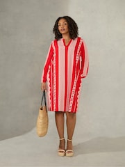 Live Unlimited Curve - Red Batik Stripe Placement Print Dress with Nehru Collar - Image 4 of 7