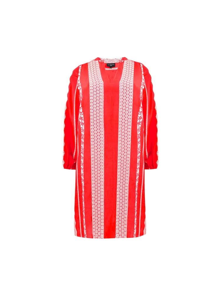 Live Unlimited Curve - Red Batik Stripe Placement Print Dress with Nehru Collar - Image 7 of 7
