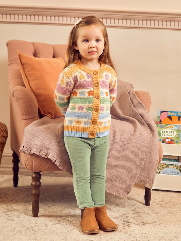 JoJo Maman Bébé Mustard Yellow Fruit & Floral Fairisle Pattern Cardigan - Image 3 of 5