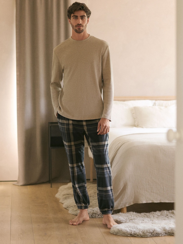 Black/Neutral Check Cosy Textured Long Sleeve Pyjamas Set - Image 1 of 11