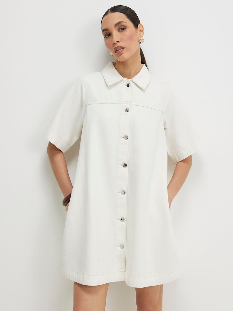 River Island Cream Denim Button Through Mini Dress - Image 1 of 4