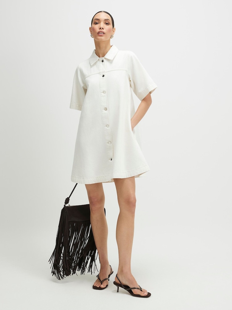 River Island Cream Denim Button Through Mini Dress - Image 2 of 4