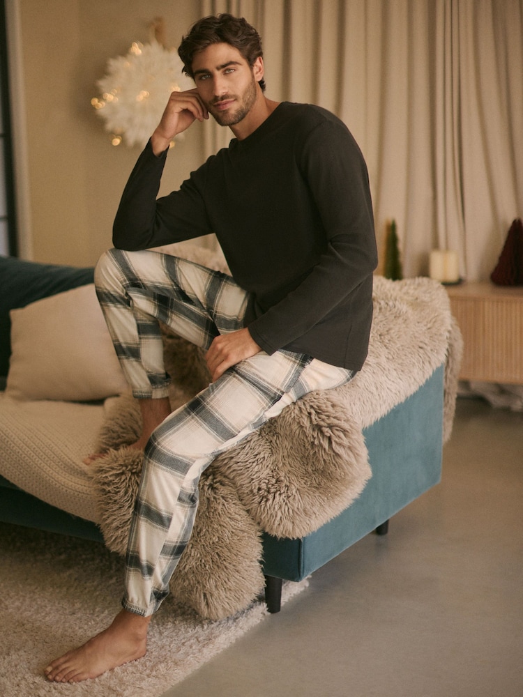 Black/Stone Check Cosy Textured Long Sleeve Pyjamas Set - Image 1 of 10