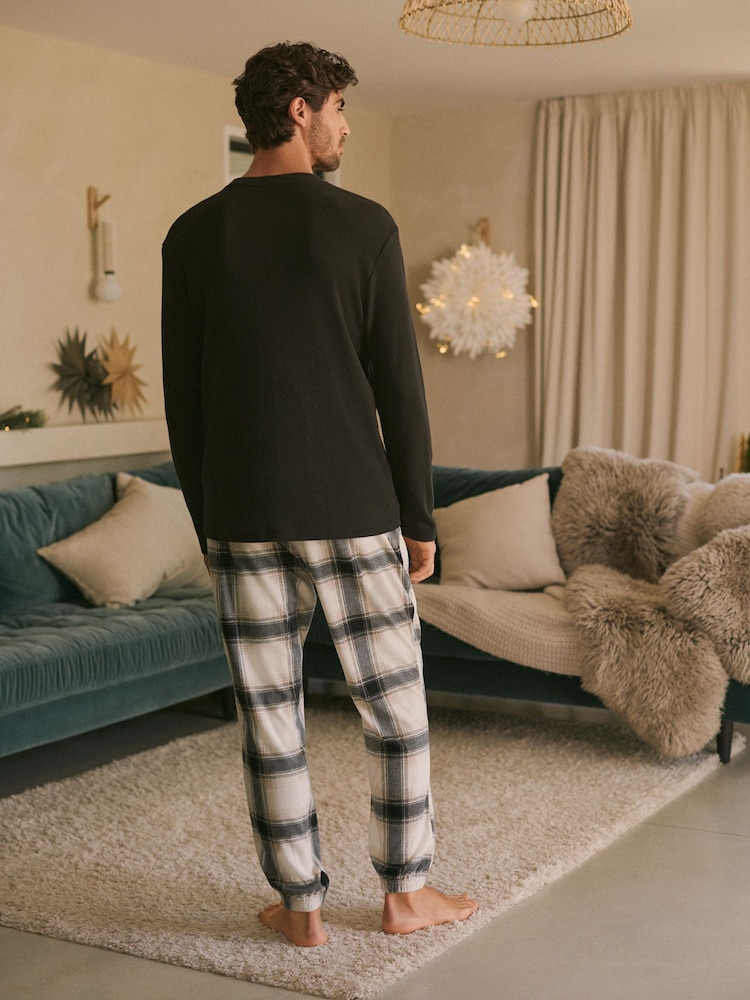 Black/Stone Check Cosy Textured Long Sleeve Pyjamas Set - Image 2 of 10