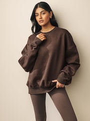 Chocolate Brown Oversized Heavyweight Brushed Longline Crew Neck Sweatshirt - Image 1 of 7
