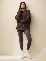 Chocolate Brown Oversized Heavyweight Brushed Longline Crew Neck Sweatshirt - Image 3 of 7