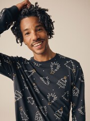 Black/White 100% Cotton Matching Family Mens Christmas Tree Pyjamas - Image 5 of 11