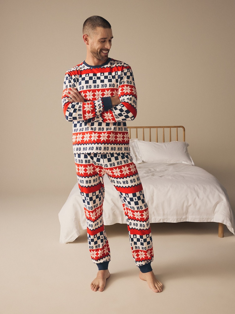 Red/Navy Blue 100% Cotton Matching Family Mens Christmas Ho Ho Ho Fairisle Pattern Pyjamas - Image 1 of 12