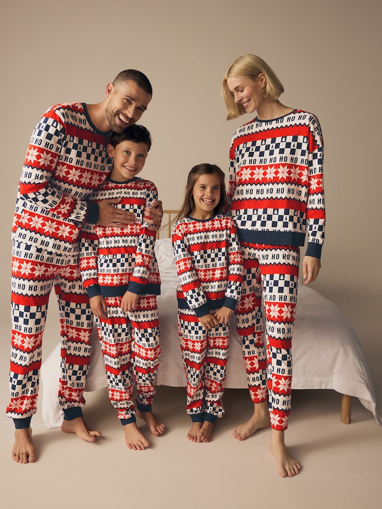Red/Navy Blue 100% Cotton Matching Family Mens Christmas Ho Ho Ho Fairisle Pattern Pyjamas - Image 2 of 12