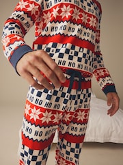 Red/Navy Blue 100% Cotton Matching Family Mens Christmas Ho Ho Ho Fairisle Pattern Pyjamas - Image 6 of 12