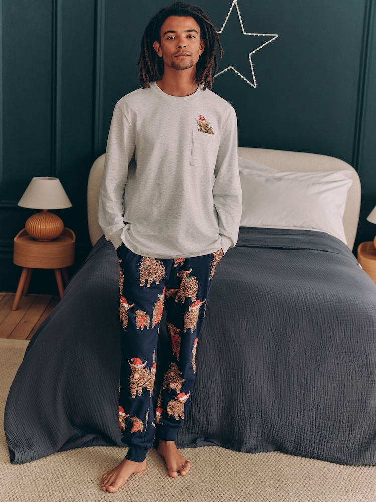 Grey/Navy Blue Mens Matching Family Christmas Hamish The Highland Cow 100% Cotton Pyjamas - Image 1 of 5