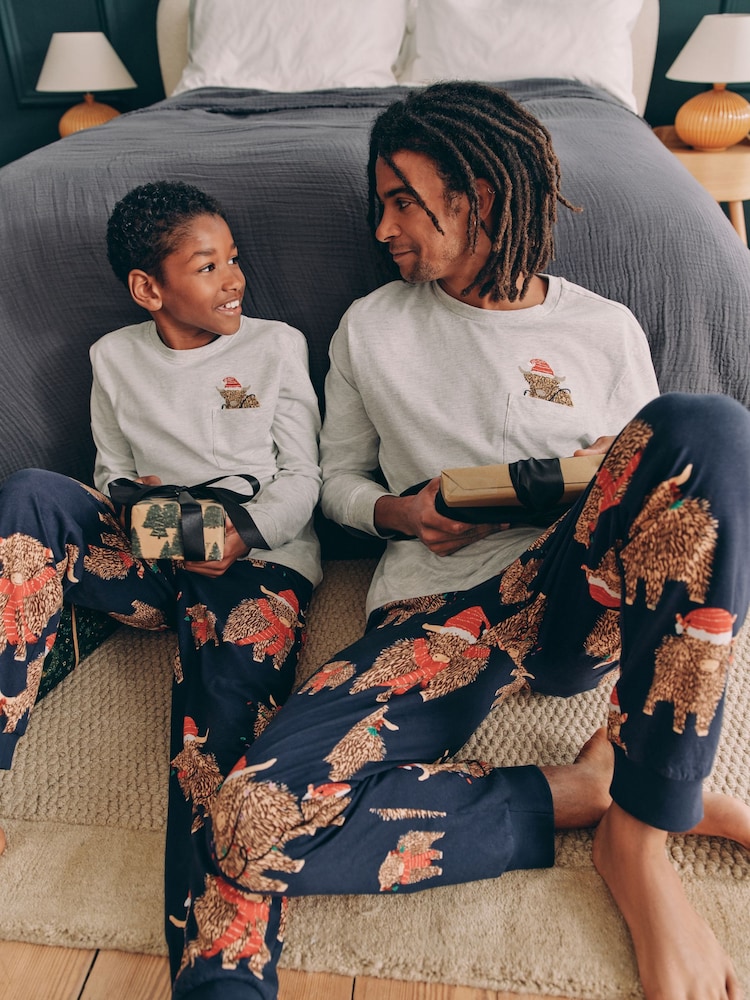 Grey/Navy Blue Mens Matching Family Christmas Hamish The Highland Cow 100% Cotton Pyjamas - Image 2 of 5