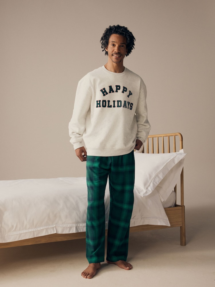Grey/Green Mens Matching Family Christmas Happy Holidays Pyjamas - Image 1 of 9