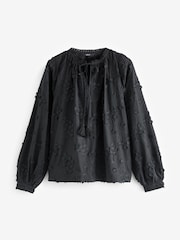 Schwarz - Bluse mit Schluppe und Blumenmuste - Bild 2 von 6