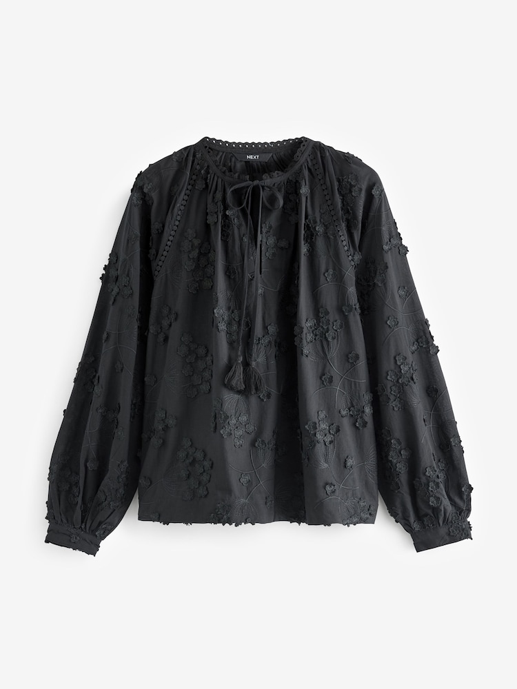 Schwarz - Bluse mit Schluppe und Blumenmuste - Bild 2 von 6