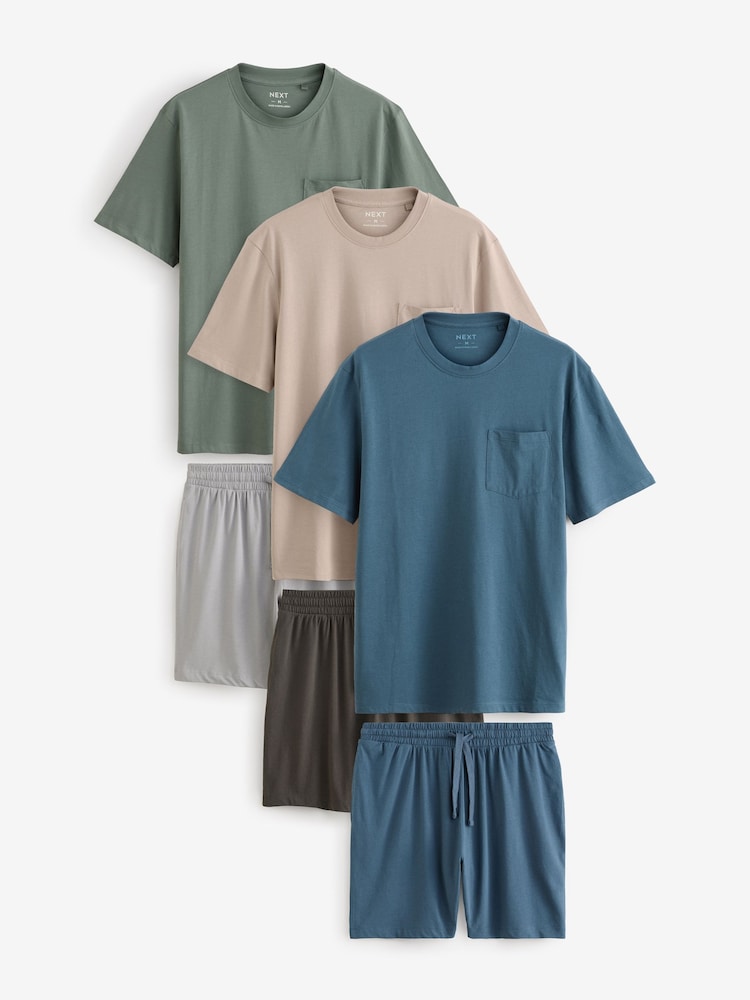 Blue/Green/Stone Jersey Pyjamas Shorts Set 3 Pack - Image 1 of 10