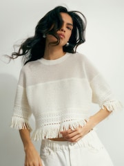 River Island Cream Short Sleeve Fringe Top - Image 1 of 4