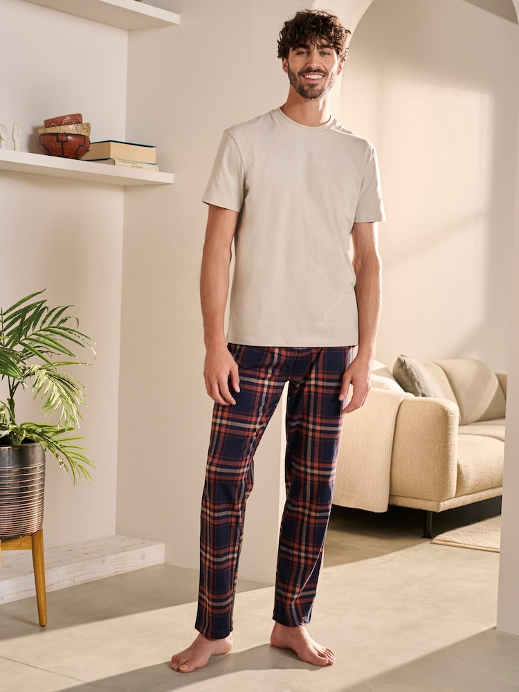Navy Blue/Rust Check 100% Cotton Pyjamas Set - Image 1 of 5