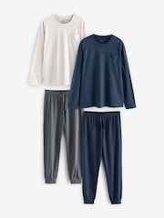Navy Blue/Stone Long Sleeve Cuffed Pyjamas 2 Pack - Image 1 of 12