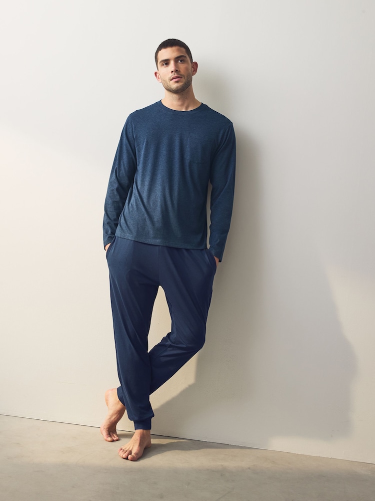 Navy Blue/Stone Long Sleeve Cuffed Pyjamas 2 Pack - Image 12 of 12 Navy Blue/Stone Long Sleeve Cuffed Pyjamas 2 Pack - Image 12 of 12