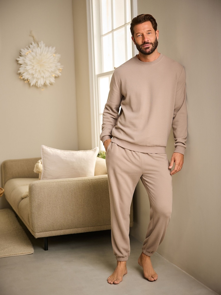 Stone Neutral Soft Waffle Long Sleeve Pyjamas Set - Image 2 of 11
