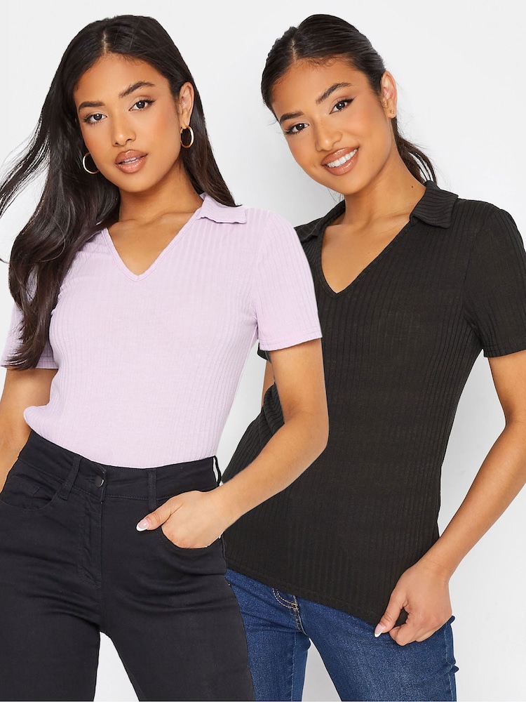 PixieGirl Petite Purple Polo Ribbed Top 2 Pack - Image 1 of 8