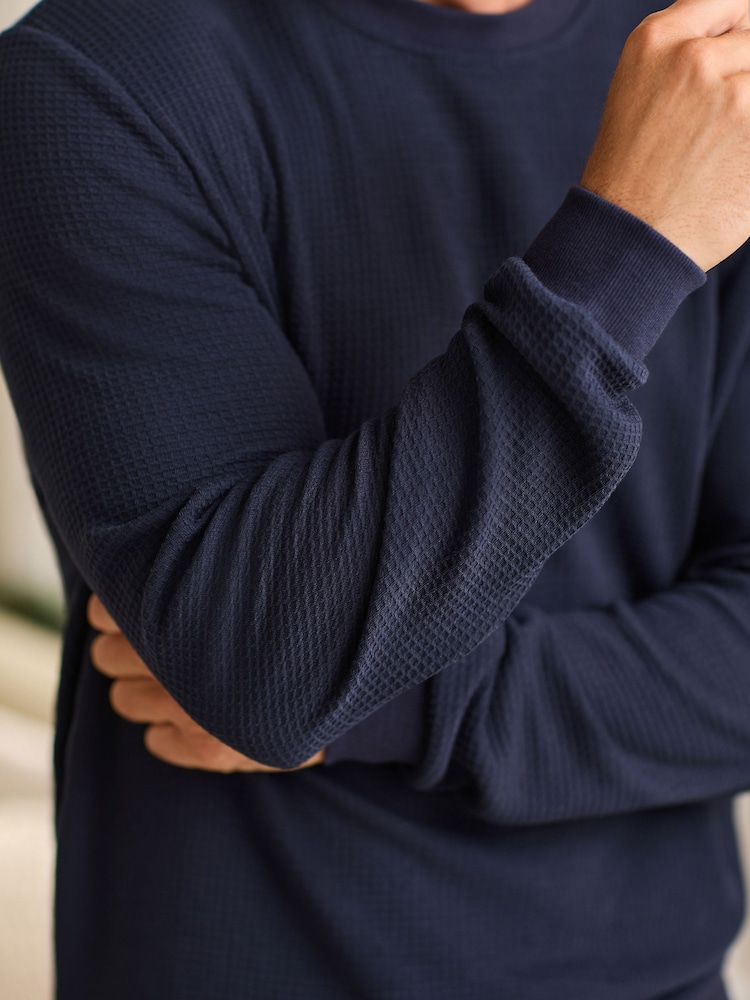 Navy Blue Soft Waffle Long Sleeve Pyjamas Set - Image 6 of 12