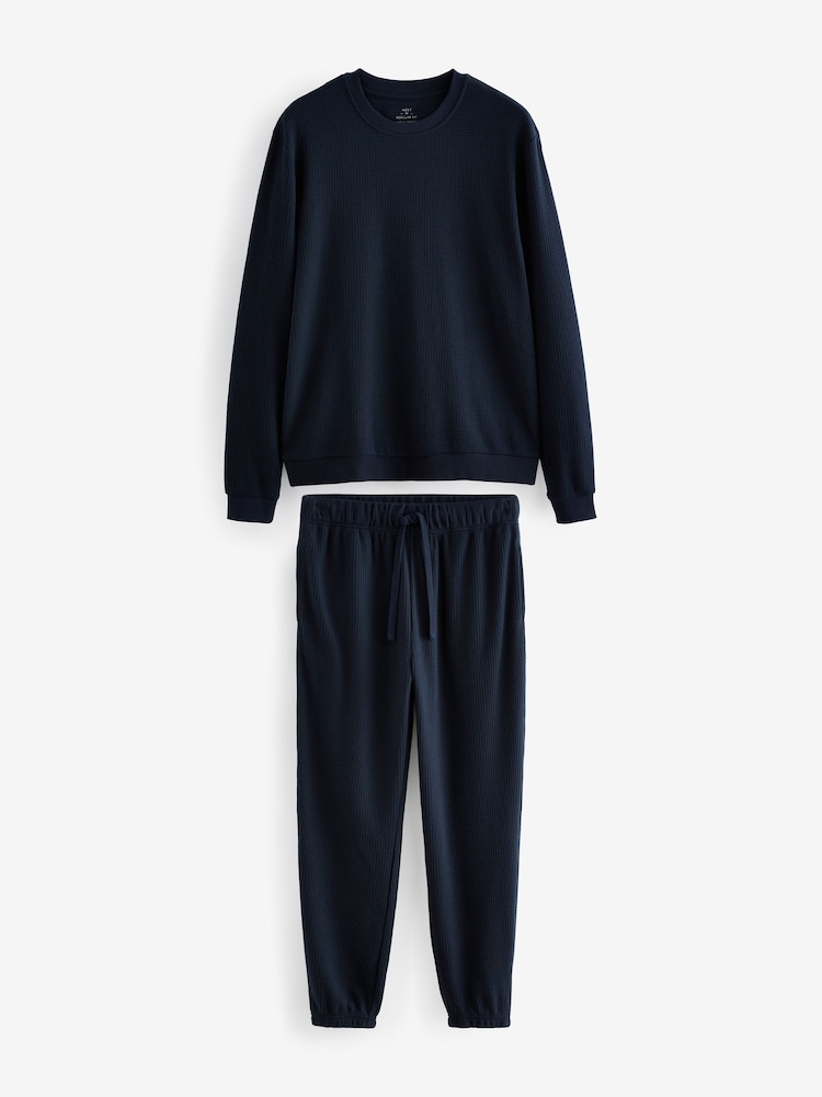 Navy Blue Soft Waffle Long Sleeve Pyjamas Set - Image 8 of 12