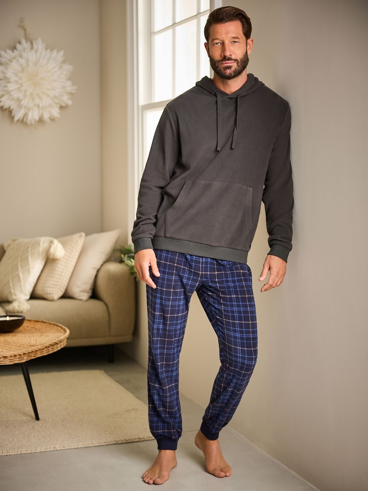 Grey/Navy Blue Check Thermal Long Sleeve Pyjamas Hoodie Set - Image 1 of 13