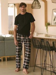 Black/Brown Short Sleeve 100% Cotton Woven Pyjamas Set - Image 1 of 11