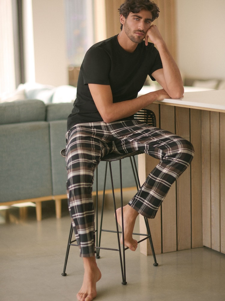 Black/Brown Short Sleeve 100% Cotton Woven Pyjamas Set - Image 2 of 11